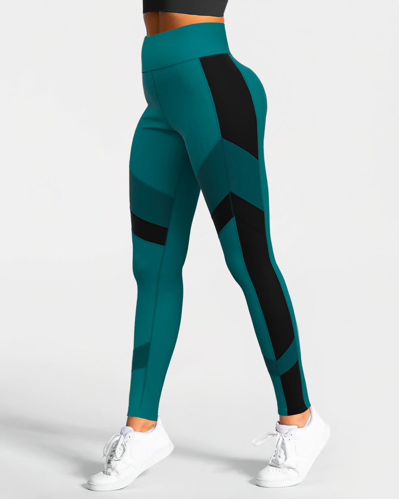 Tri-Color High-Waist Leggings - Green & Black